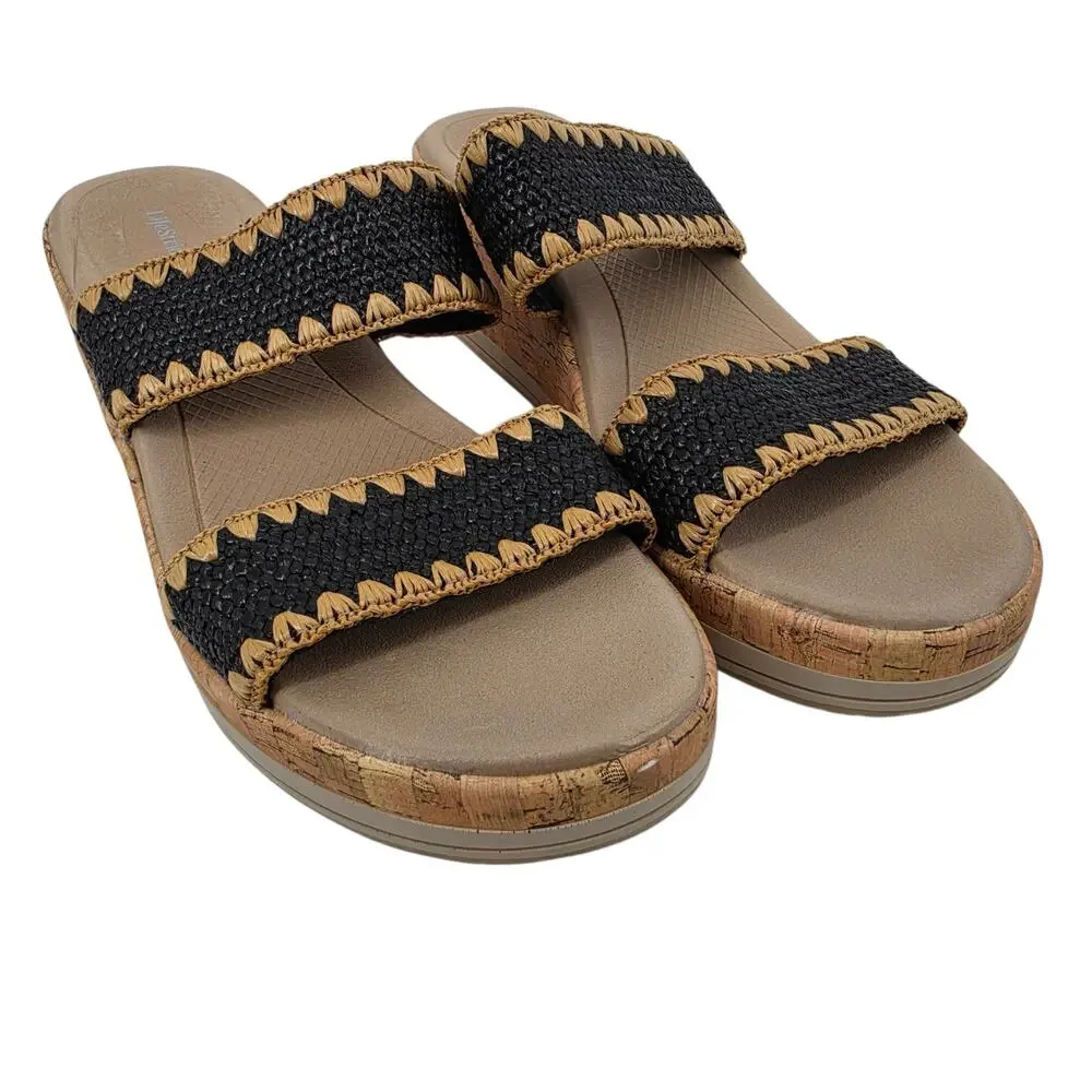NWOT Life Stride X BZees Black Resort Platform Cork Wedge Slip On Sandals Size 9